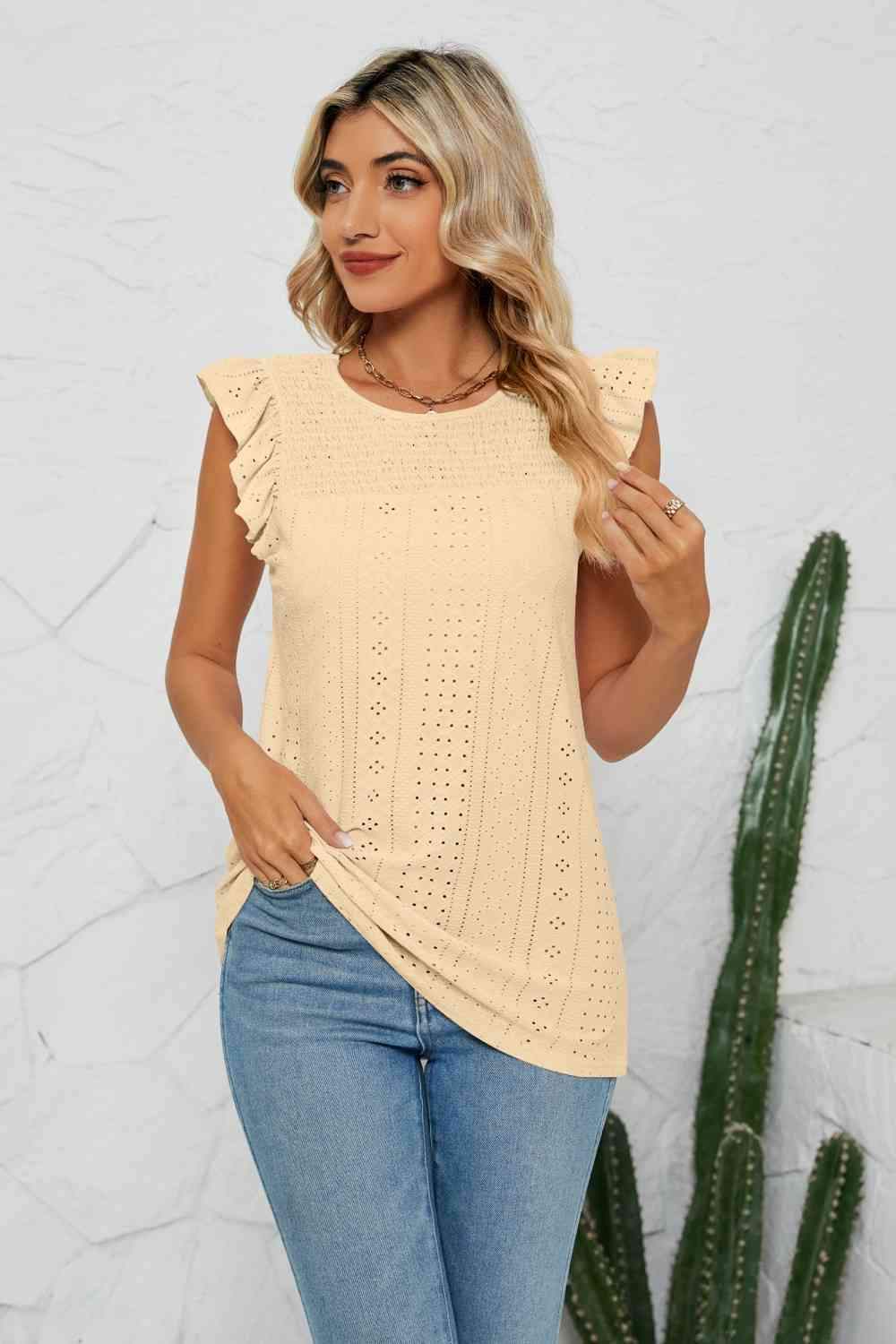 Smocked Round Neck Eyelet Top Banana Yellow Blouses - Tophatter Daily Deals