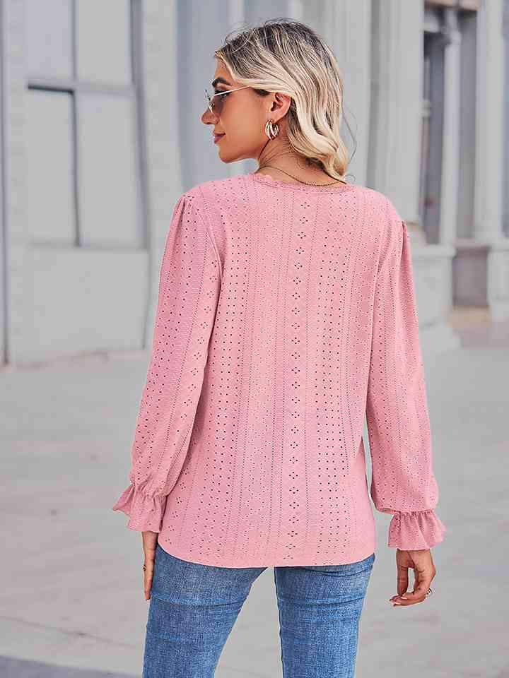 Eyelet V-Neck Flounce Sleeve Blouse Blouses - Tophatter Daily Deals