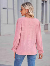 Eyelet V-Neck Flounce Sleeve Blouse Blouses - Tophatter Daily Deals