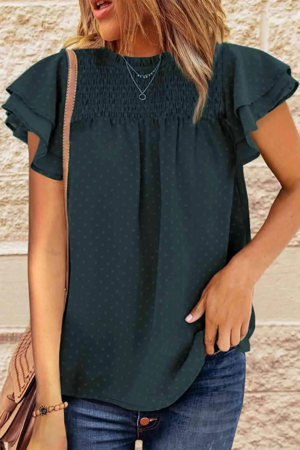 Layered Flutter Sleeve Smocked Blouse Forest Blouses - Tophatter Daily Deals