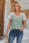 Eyelet V-Neck Lace Short Sleeve T-Shirt Women's T-Shirts - Tophatter Daily Deals