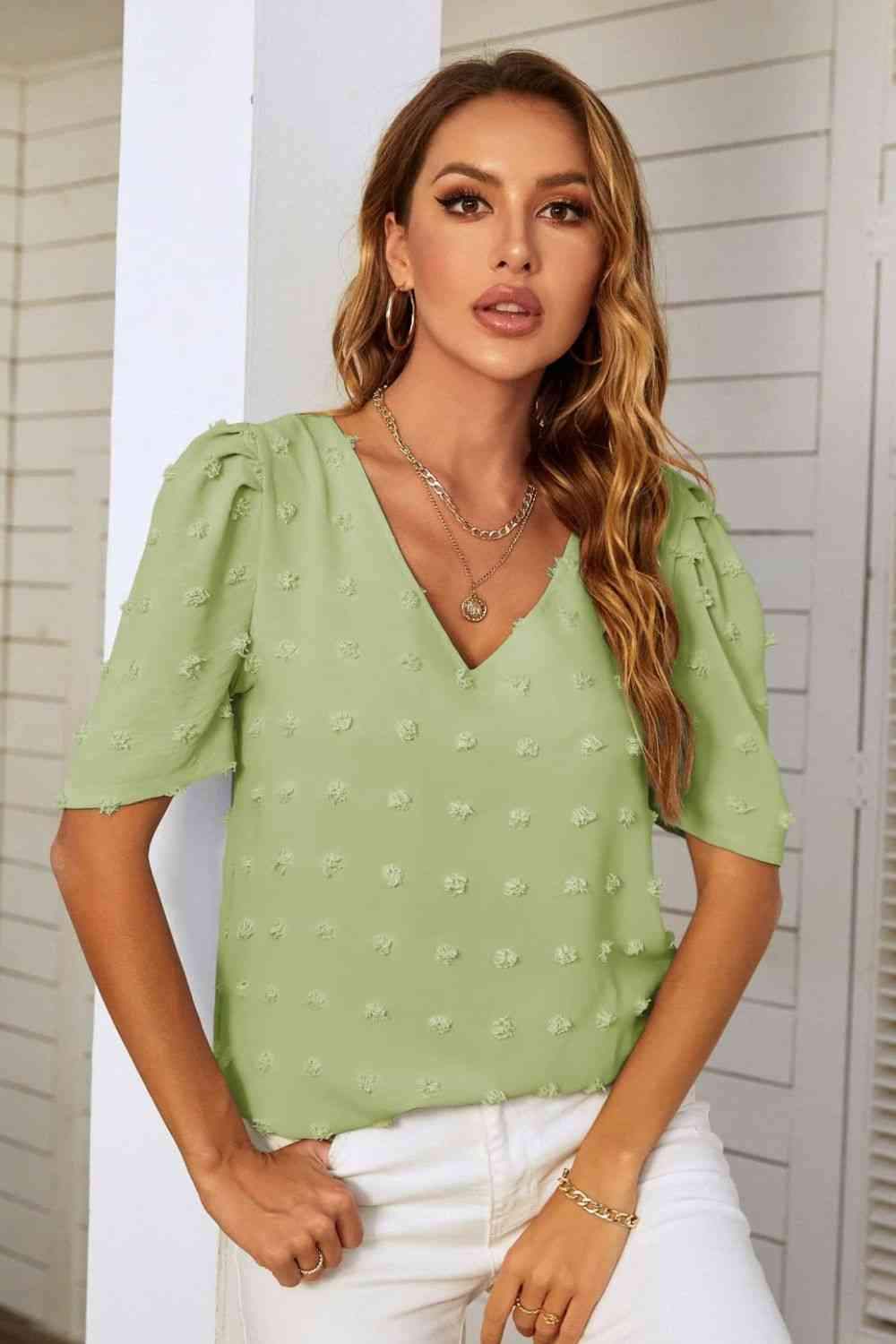 Swiss Dot V-Neck Puff Sleeve Blouse Blouses - Tophatter Daily Deals