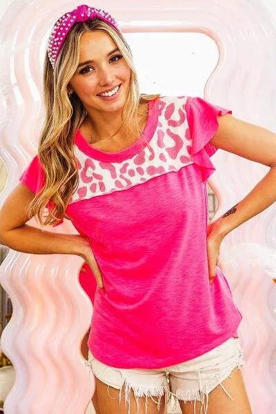 BiBi Leopard Contrast Round Neck T-Shirt Women's T-Shirts - Tophatter Daily Deals