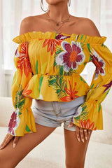 Floral Off-Shoulder Flounce Sleeve Peplum Blouse Mustard Blouses - Tophatter Daily Deals