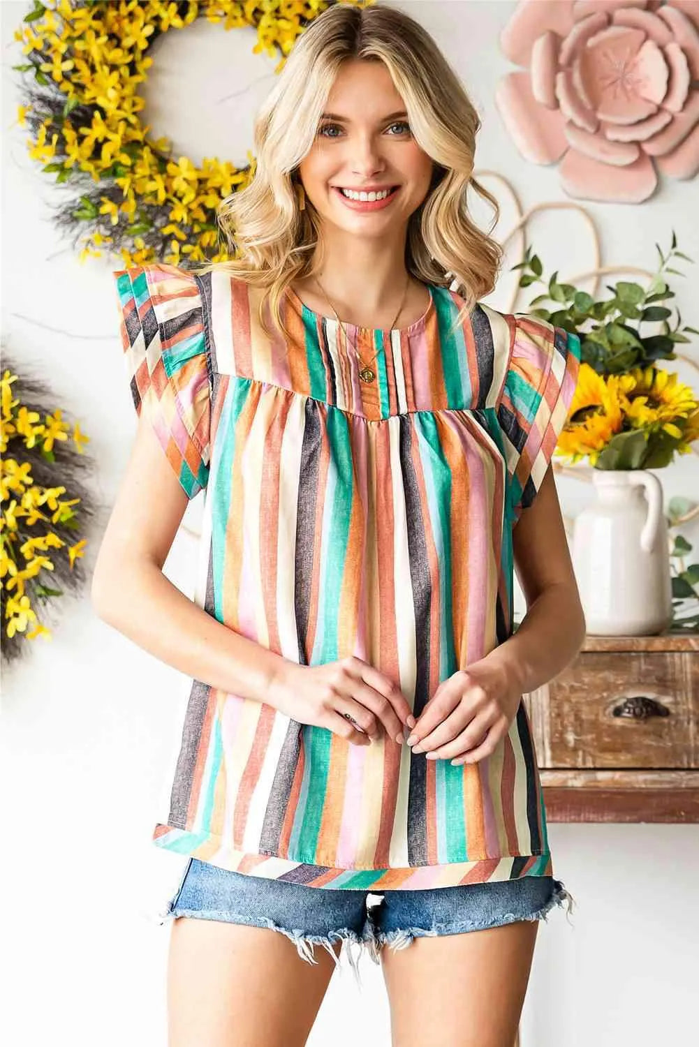 Multicolored Stripe Flutter Sleeve Blouse Blouses - Tophatter Daily Deals