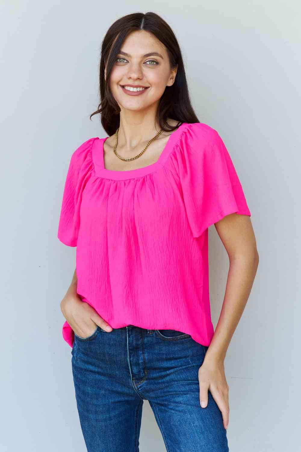 Ninexis Keep Me Close Square Neck Short Sleeve Blouse in Fuchsia Fuchsia Blouses - Tophatter Daily Deals