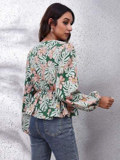 Floral V-Neck Balloon Sleeve Peplum Blouse Blouses - Tophatter Daily Deals