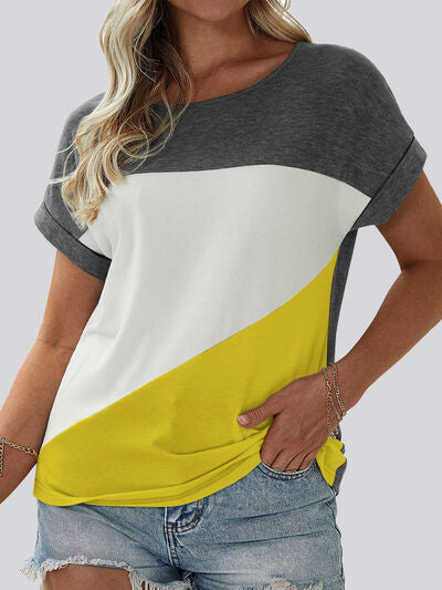 Color Block Round Neck Short Sleeve T-Shirt White Women's T-Shirts - Tophatter Daily Deals