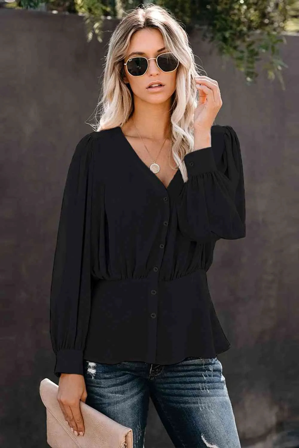 Buttoned Puff Sleeve Blouse Black Blouses - Tophatter Daily Deals