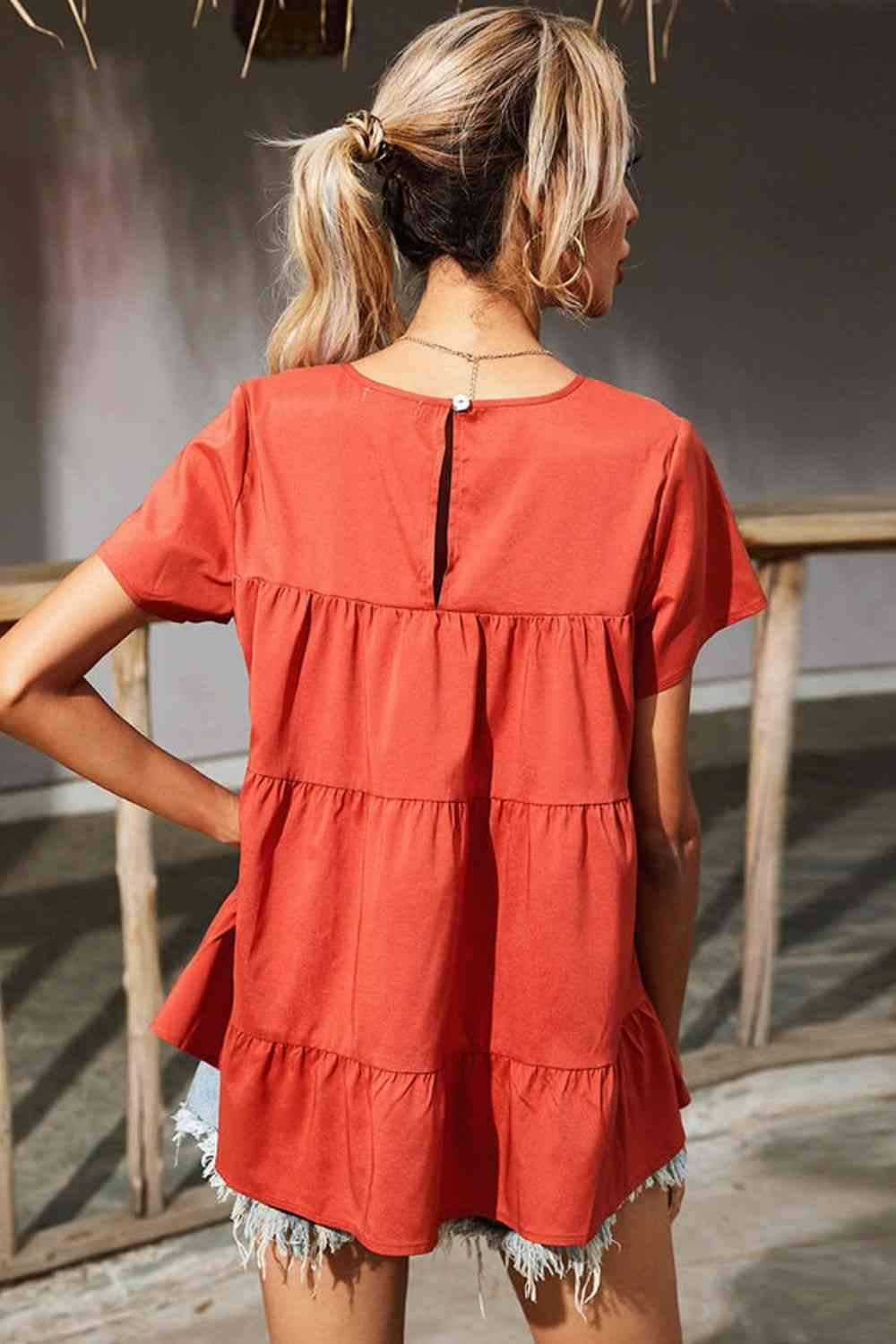 Round Neck Short Sleeve Tiered Blouse Blouses - Tophatter Daily Deals