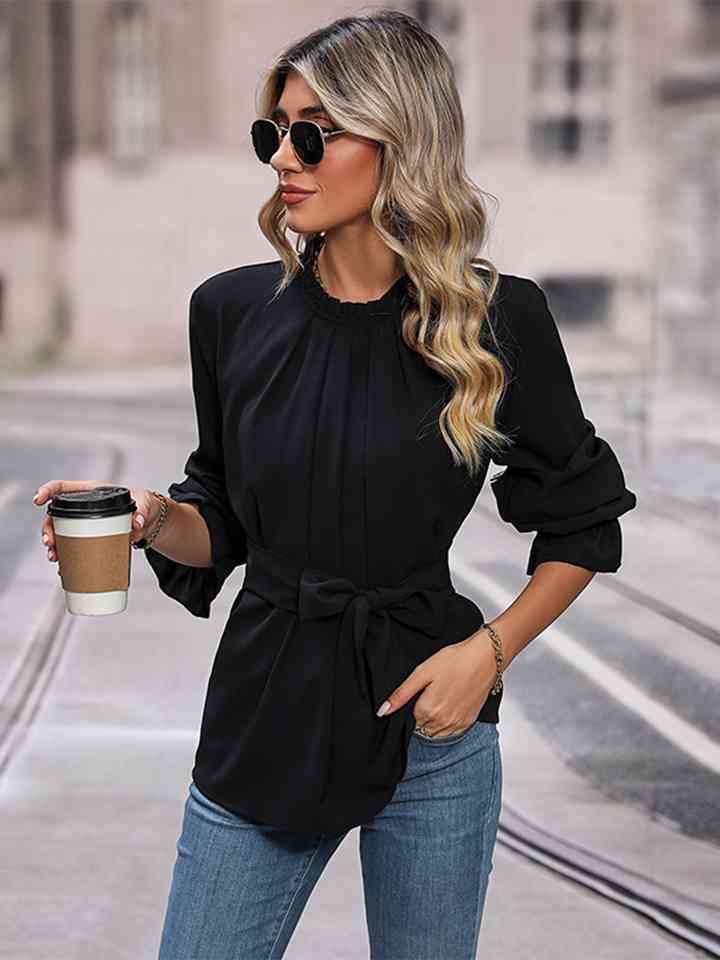 Round Neck Tie Waist Long Sleeve Blouse Blouses - Tophatter Daily Deals