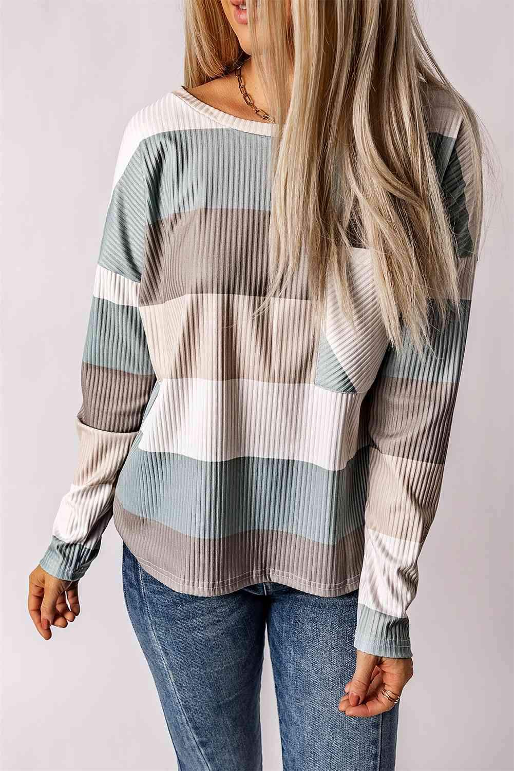 Wide Stripe Top with Pocket Khaki Blouses - Tophatter Daily Deals