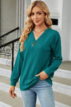 Decorative Button V-Neck Long Sleeve T-Shirt Teal Women's T-Shirts - Tophatter Daily Deals