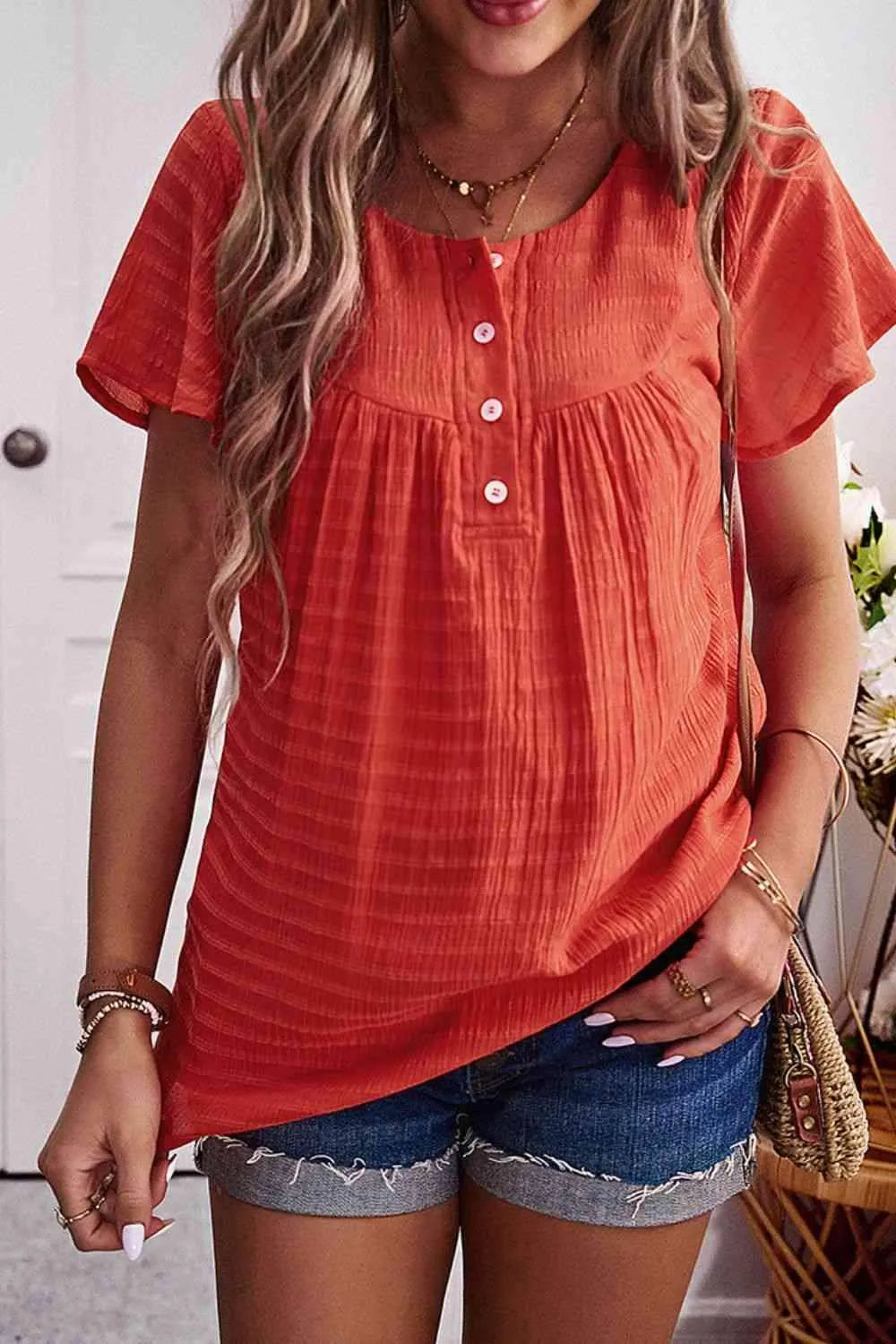 Quarter-Button Round Neck Short Sleeve Top Orange Blouses - Tophatter Daily Deals
