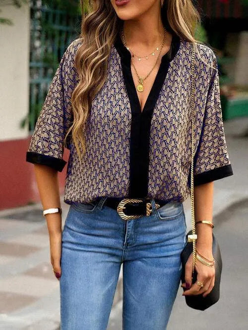 Geometric Print Notched Blouse Navy Blouses - Tophatter Daily Deals