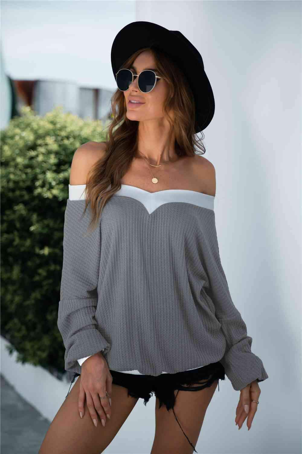 Off-Shoulder Waffle-Knit Dropped Shoulder Blouse Charcoal Blouses - Tophatter Daily Deals