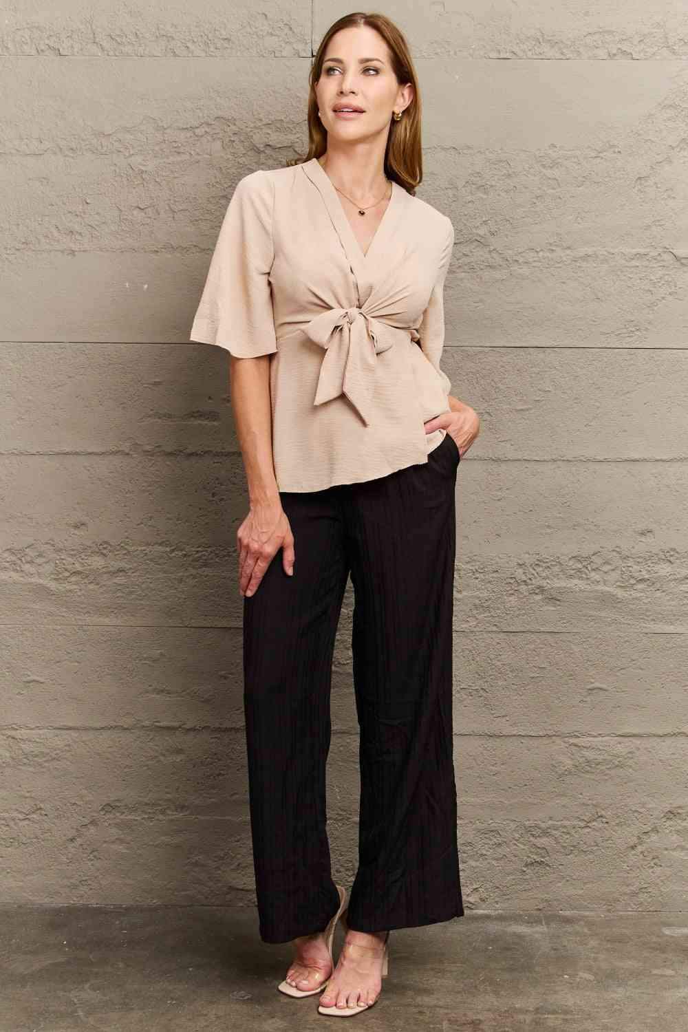 V-Neck Tie Front Half Sleeve Blouse Blouses - Tophatter Daily Deals