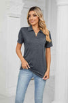 Curved Hem Johnny Collar Polo Shirt Gray Blouses - Tophatter Daily Deals