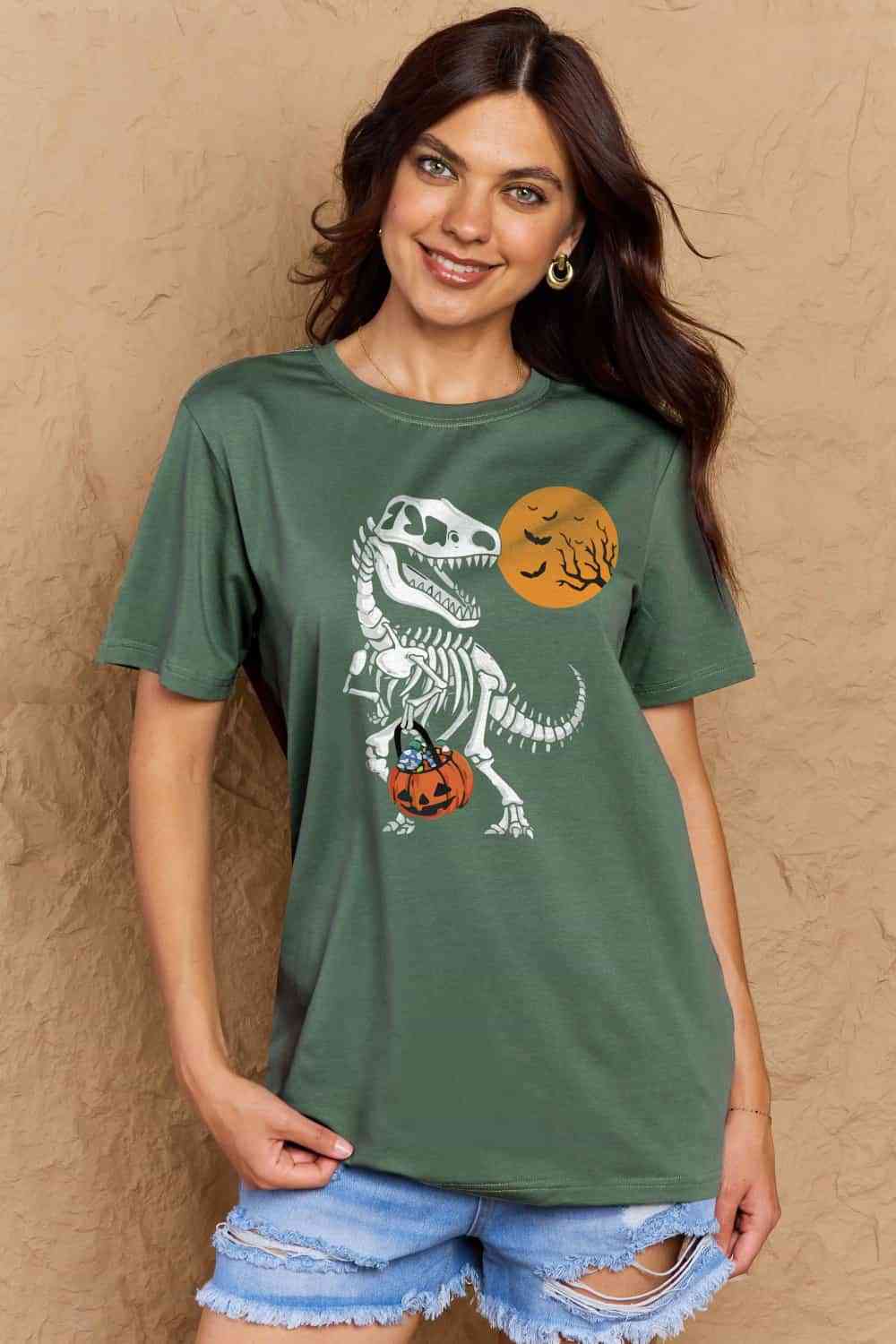 Simply Love Full Size Dinosaur Skeleton Graphic Cotton T-Shirt Women's T-Shirts - Tophatter Daily Deals