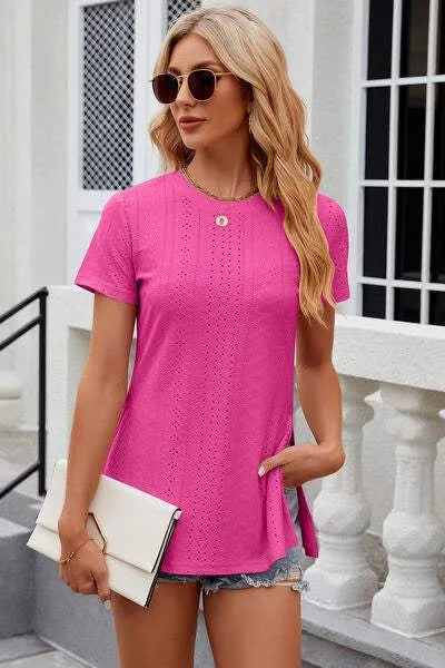 Eyelet Slit Round Neck Short Sleeve T-Shirt Women's T-Shirts - Tophatter Daily Deals