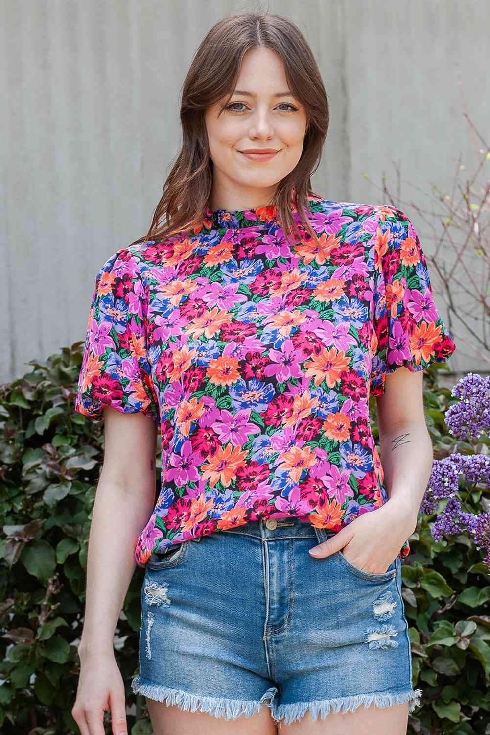 Floral Print Puff Sleeve Round Neck Blouse Floral Blouses - Tophatter Daily Deals