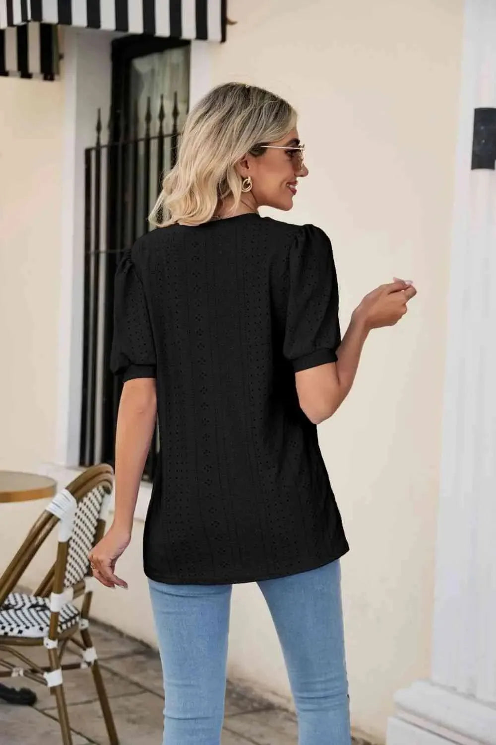 Eyelet Puff Sleeve V-Neck Top Blouses - Tophatter Daily Deals