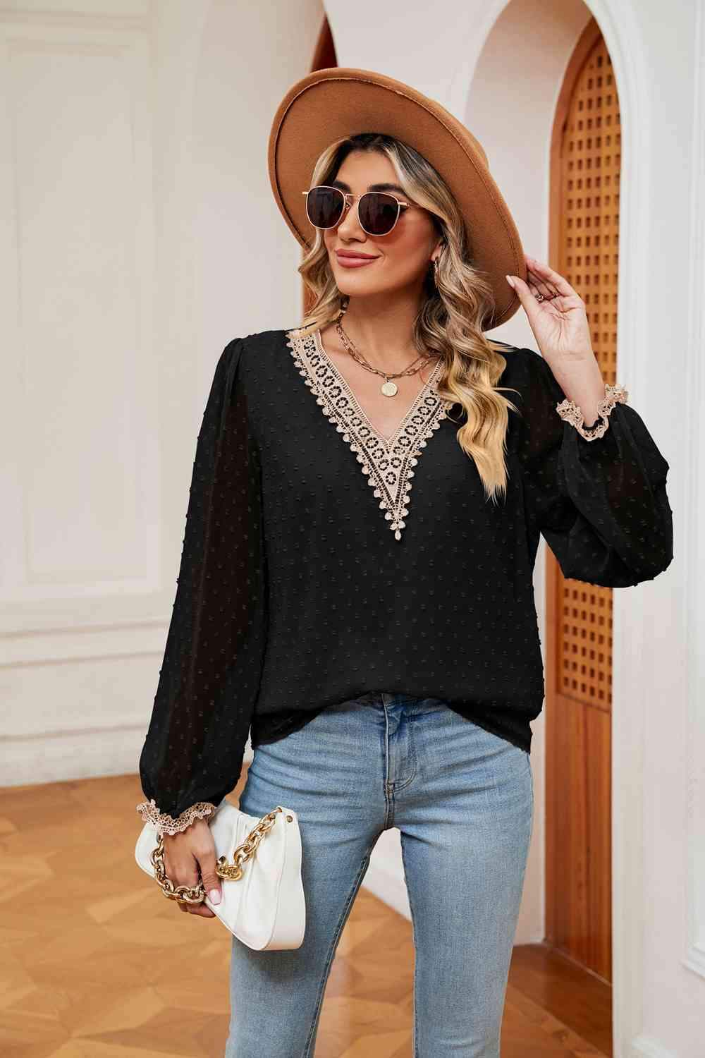 Swiss Dot Contrast V-Neck Blouse Blouses - Tophatter Daily Deals