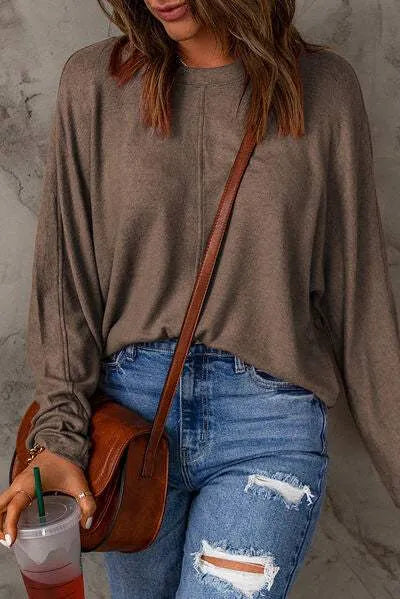 Seam Detail Round Neck Long Sleeve Top Women's T-Shirts - Tophatter Daily Deals
