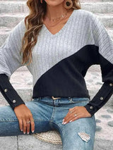Contrast Buttoned V-Neck Blouse Blouses - Tophatter Daily Deals