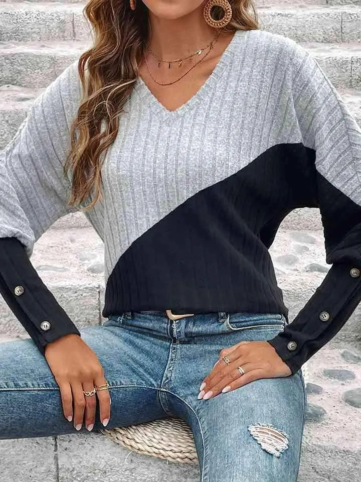 Contrast Buttoned V-Neck Blouse Blouses - Tophatter Daily Deals