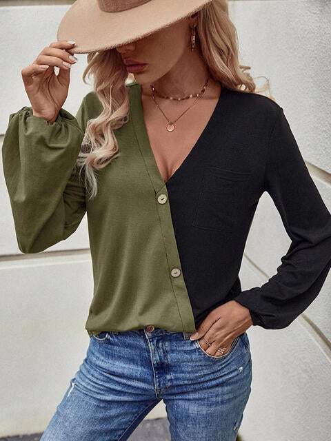 Two Tone V Neck Balloon Sleeve Top Women's T-Shirts - Tophatter Daily Deals