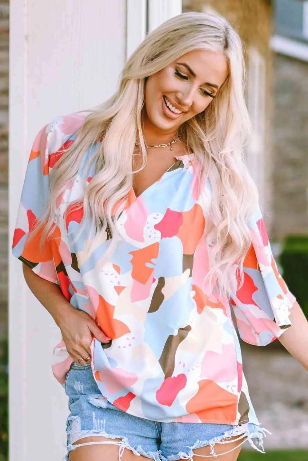 Printed Notched Neck Half Sleeve Blouse Blouses - Tophatter Daily Deals