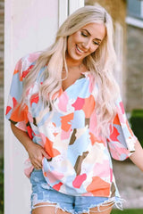 Printed Notched Neck Half Sleeve Blouse Blouses - Tophatter Daily Deals