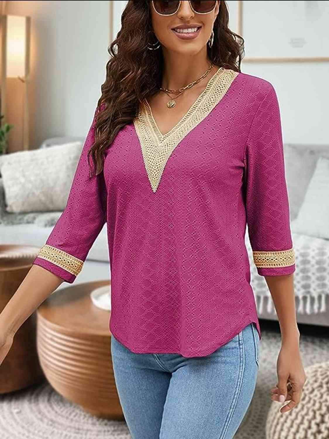 V-Neck Eyelet Blouse Cerise Blouses - Tophatter Daily Deals