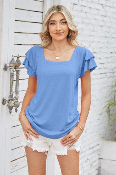 Square Neck Flutter Sleeve T-Shirt Sky Blue Women's T-Shirts - Tophatter Daily Deals