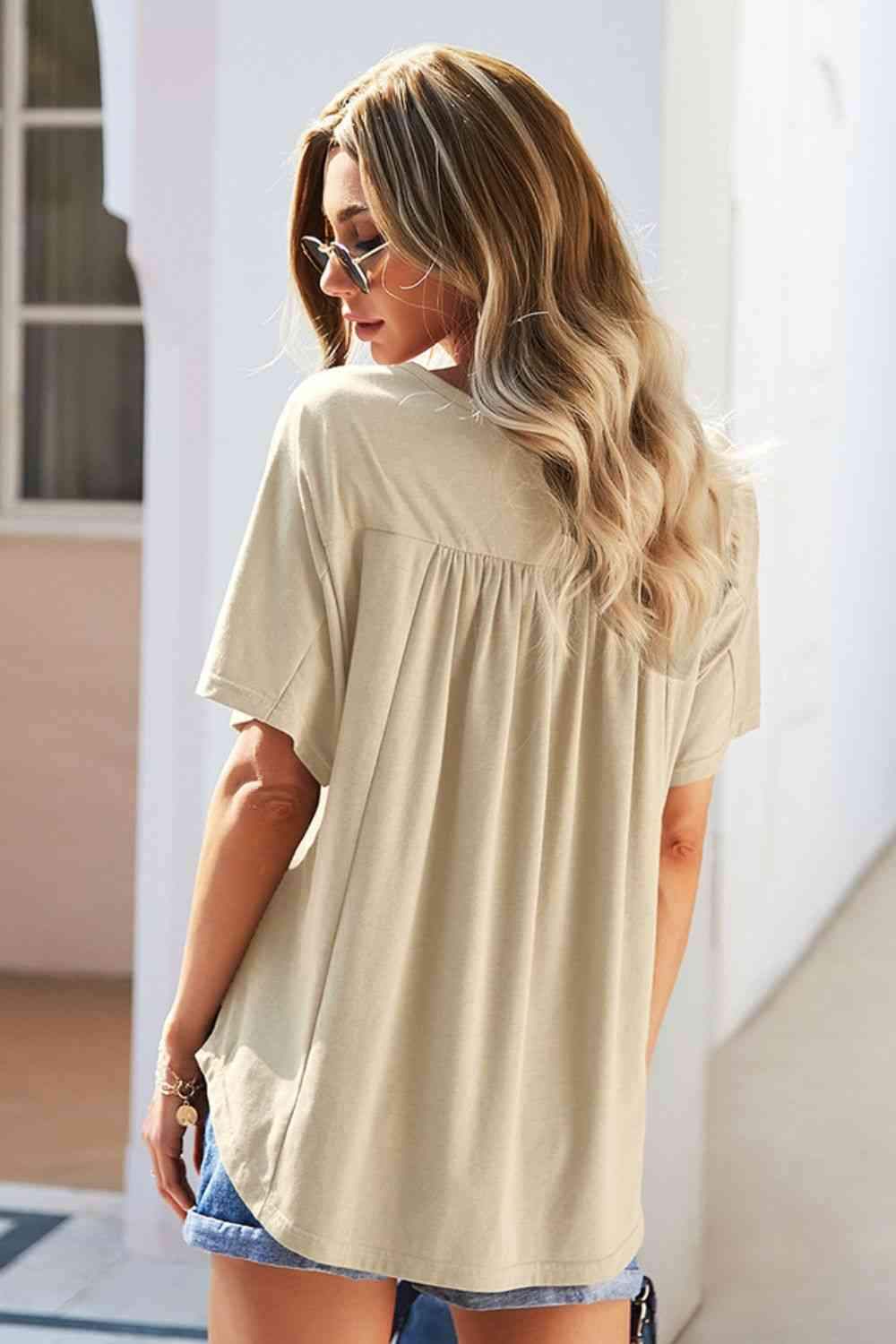 Double Take Buttoned Notched Neck Short Sleeve Top Blouses - Tophatter Daily Deals