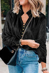 Notched Neck Buttoned Long Sleeve Velvet Blouse Blouses - Tophatter Daily Deals