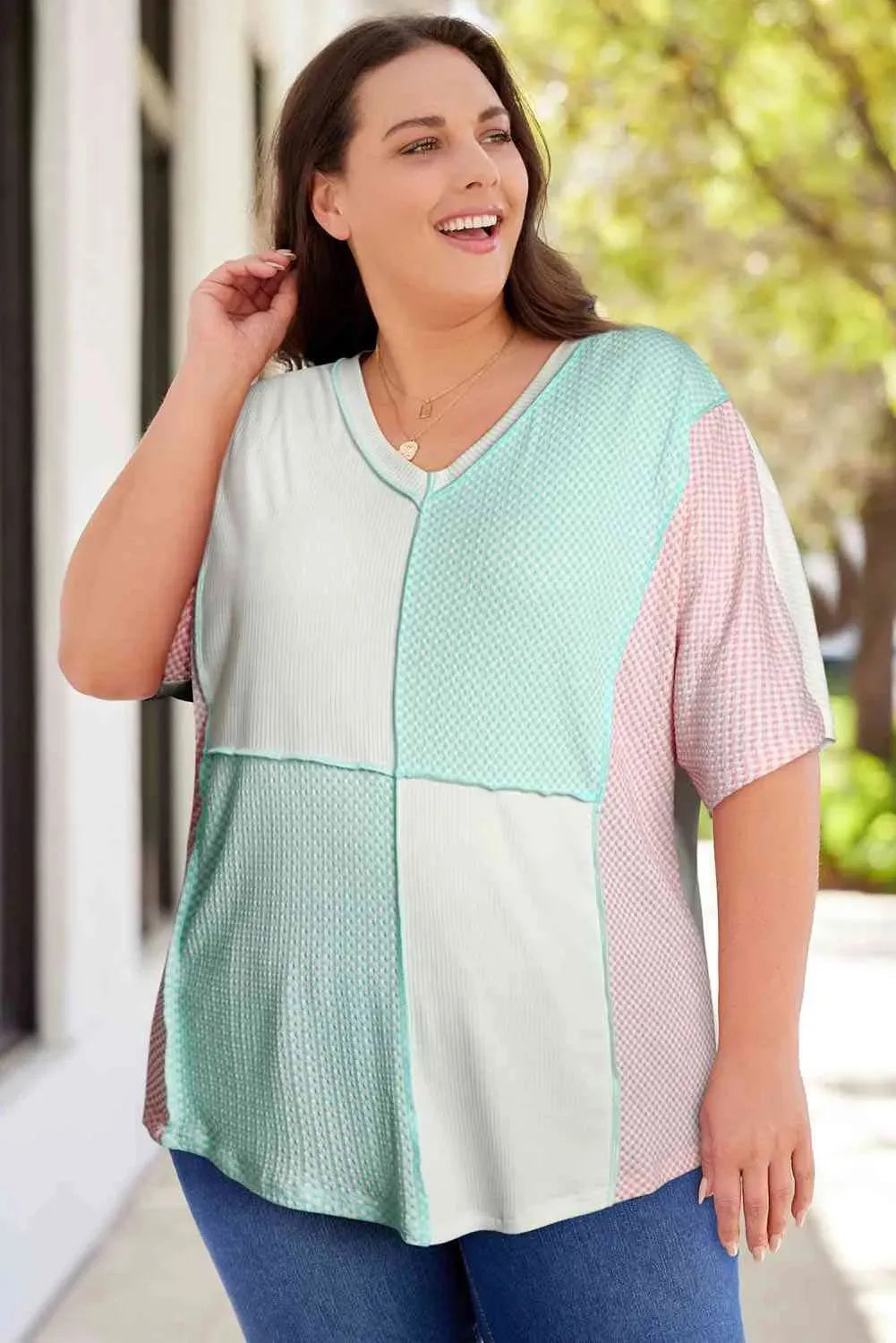 Plus Size Color Block V-Neck Top Tiffany Blue Women's T-Shirts - Tophatter Daily Deals
