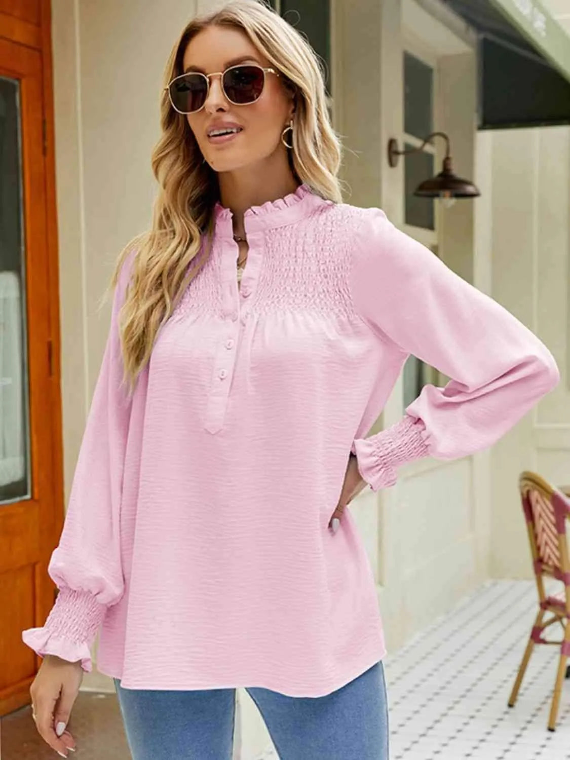 Notched Neck Button-UP Smocked Flounce Sleeve Blouse Blouses - Tophatter Daily Deals