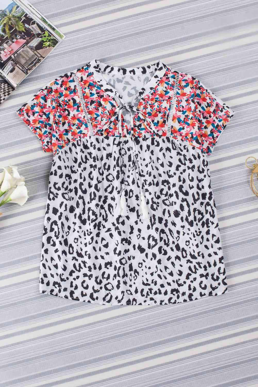 Leopard Tassel Tie Short Sleeve Top Blouses - Tophatter Daily Deals