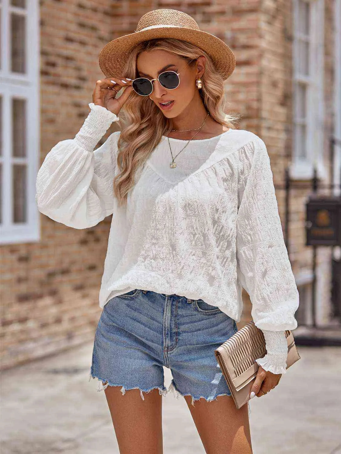 Round Neck Lantern Sleeve Blouse Blouses - Tophatter Daily Deals