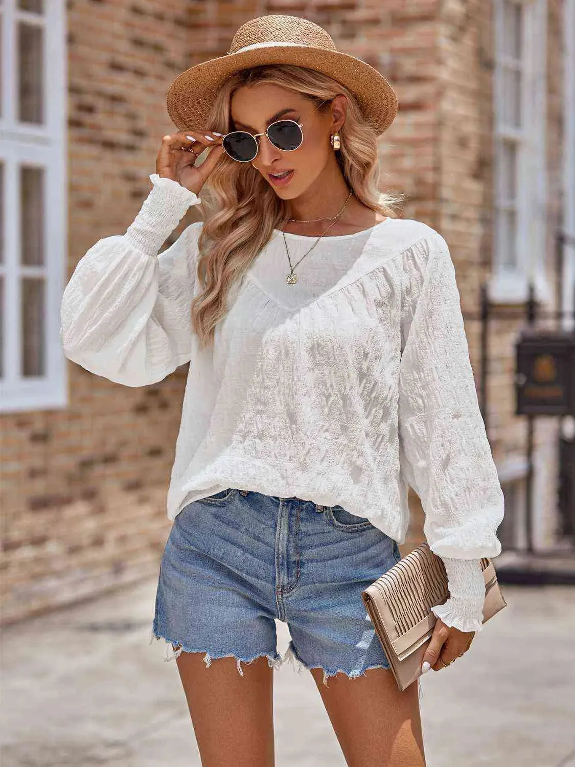 Round Neck Lantern Sleeve Blouse Blouses - Tophatter Daily Deals