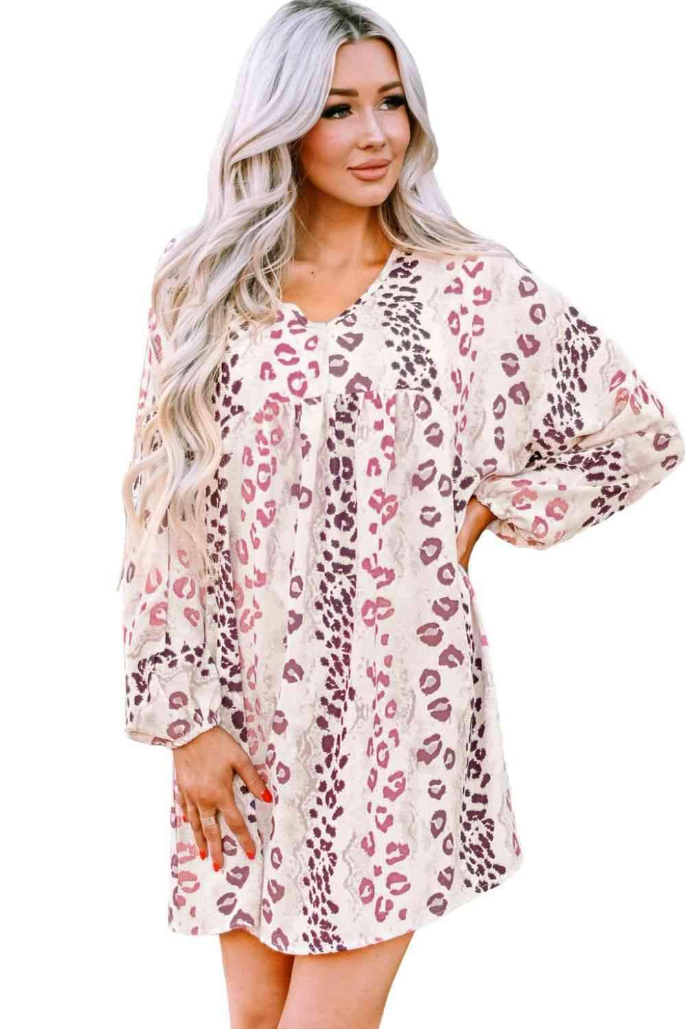 Leopard V-Neck Balloon Sleeve Babydoll Dress Blouses - Tophatter Daily Deals