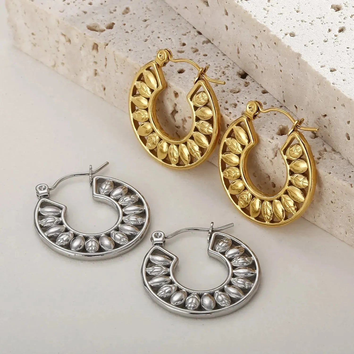 Stainless Steel Cutout Leaf Shape Huggie Earrings Earrings - Tophatter Daily Deals