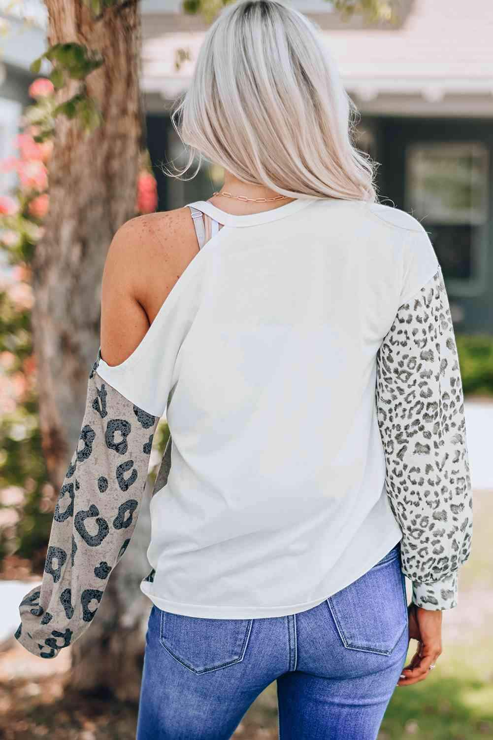 Leopard Color Block Round Neck Cold-Shoulder Top Blouses - Tophatter Daily Deals