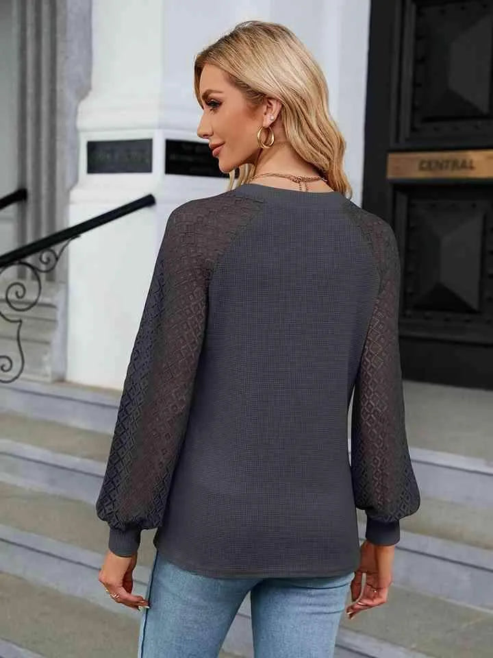 Notched Neck Raglan Sleeve Blouse Blouses - Tophatter Daily Deals