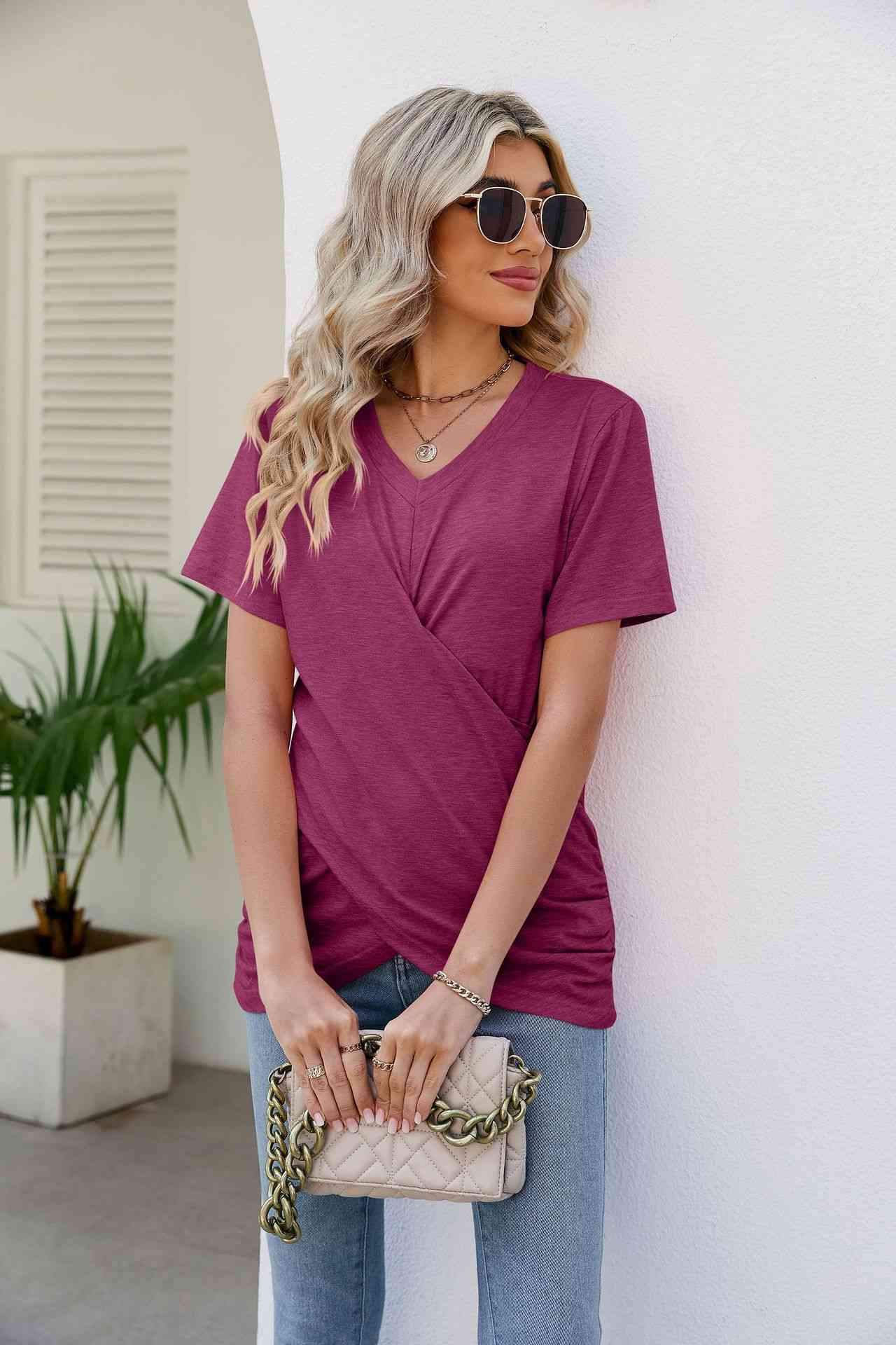 V-Neck Crisscross Short Sleeve Tee Women's T-Shirts - Tophatter Daily Deals