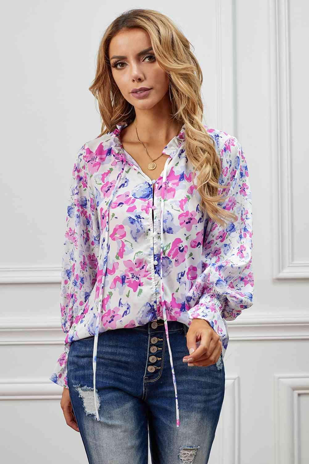 Floral Frill Trim Tie Neck Flounce Sleeve Blouse Blouses - Tophatter Daily Deals