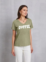 COFFEE V-Neck Short Sleeve T-Shirt Sage Women's T-Shirts - Tophatter Daily Deals