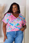 Double Take Floral V-Neck Short Sleeve Blouse Fuchsia Pink Women's T-Shirts - Tophatter Daily Deals